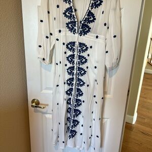 Elegant White and Blue Embroidered Dress